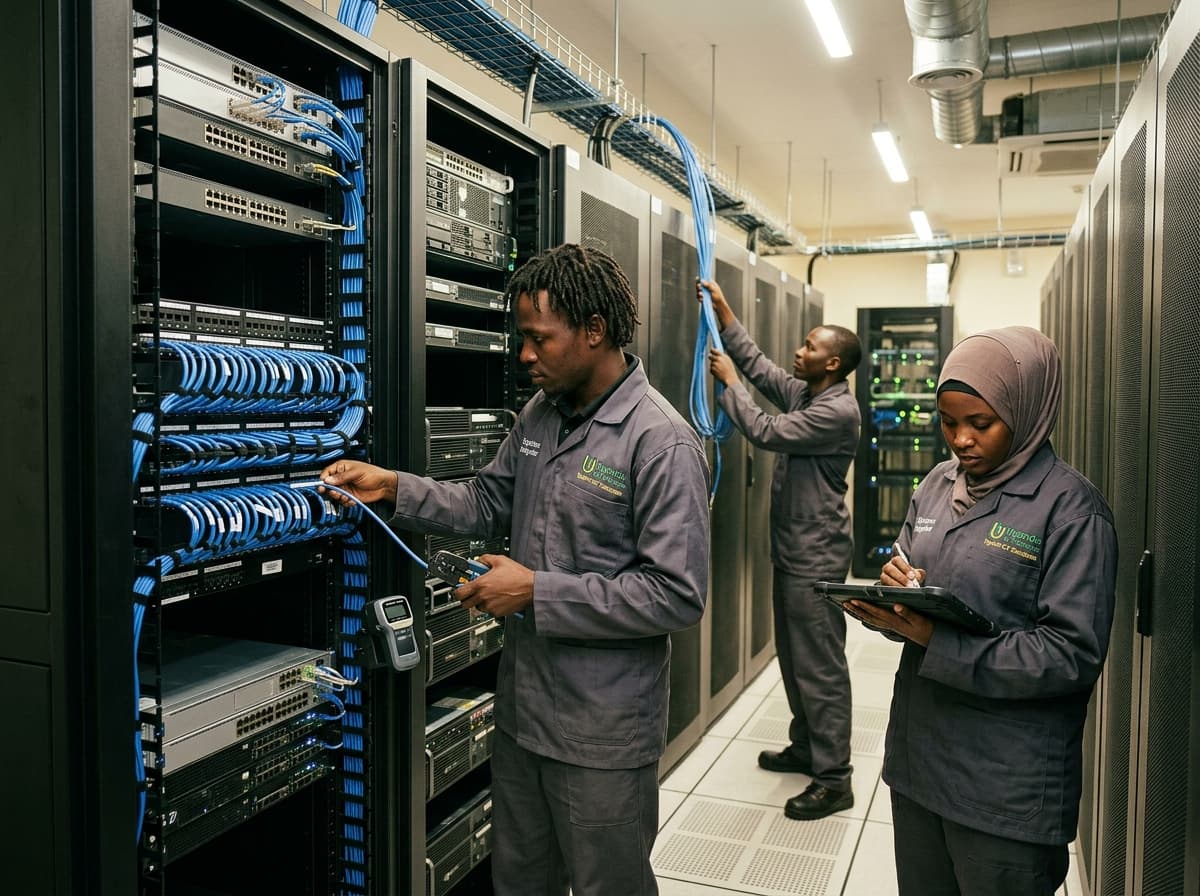 Backspace ICT engineers installing structured cabling in server room